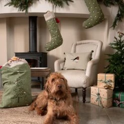 Robin Linen Blend Embroidered Cushion -Sophie Allport Shop all101590 all101595 lin101401 rw101000ct robin Christmas sack stocking cushion wrapping paper dog lounge portrait lifestyle high res square 1 49a68bd7 b953 4352 ae23 fc61966c7dd9