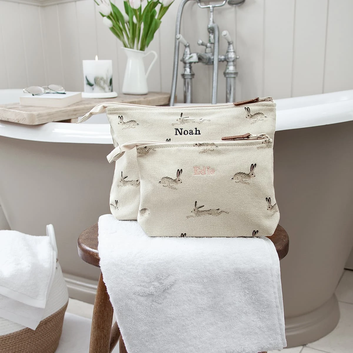 Hare Canvas Makeup Bag Hare Canvas Makeup Bag -Sophie Allport Shop all25510 all25515 hare canvas makeup bag and wash bag personalisation lifestyle high res square