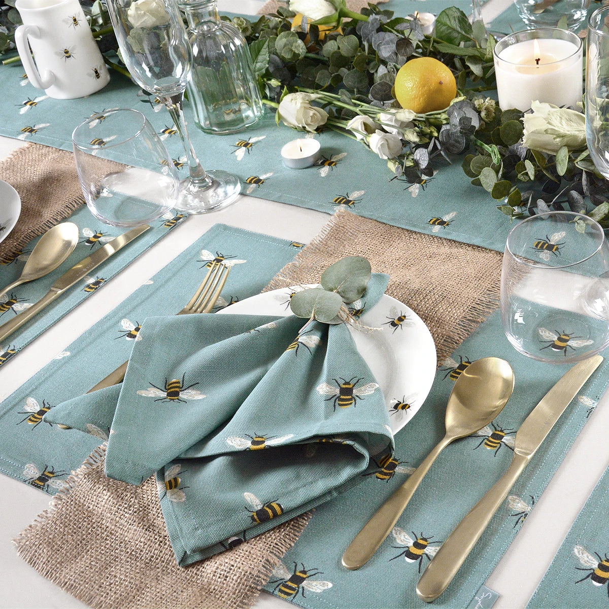 Bees Teal Napkins (Set of 4) Bees Teal Napkins (Set Of 4) -Sophie Allport Shop all80820 all80300 bees teal fabric placemat and napkins set of 4 lifestyle high res square