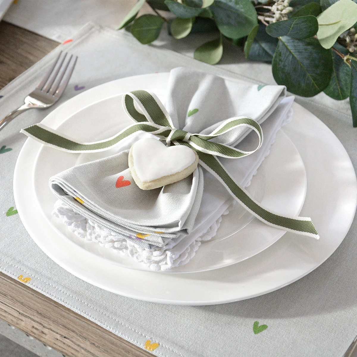 Multicoloured Hearts Napkins (Set of 4) Multicoloured Hearts Napkins (Set Of 4) -Sophie Allport Shop all81300 all81820 hearts multicoloured napkins set of 4 and fabric placemat lifestyle high res square