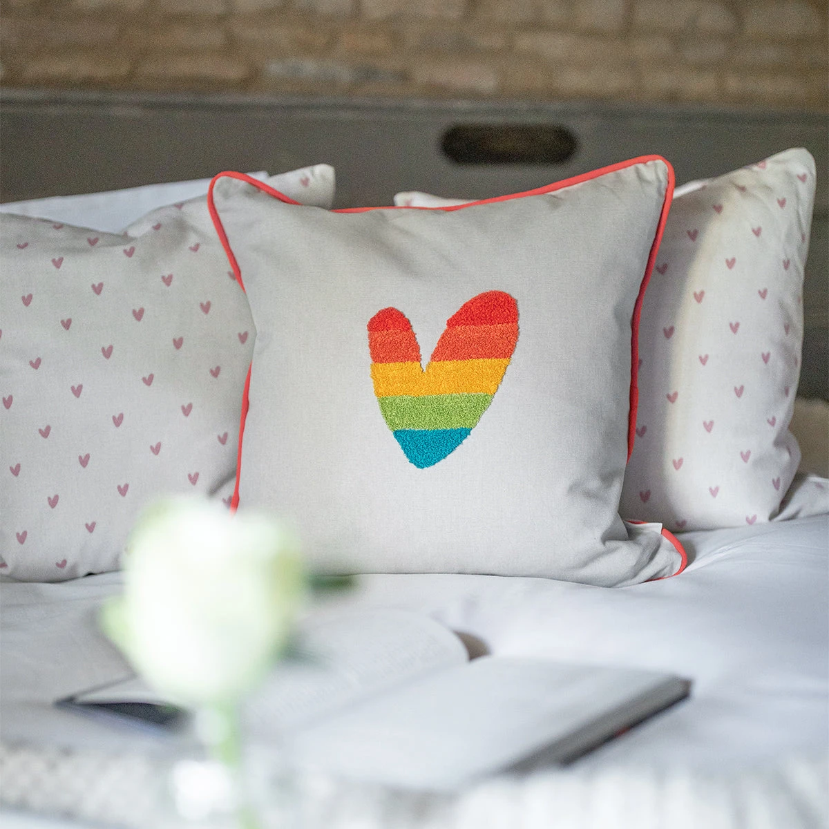 Multicoloured Hearts Embroidered Cushion Multicoloured Hearts Embroidered Cushion -Sophie Allport Shop all81401e hearts multicoloured embroidered cushion lifestyle high res square