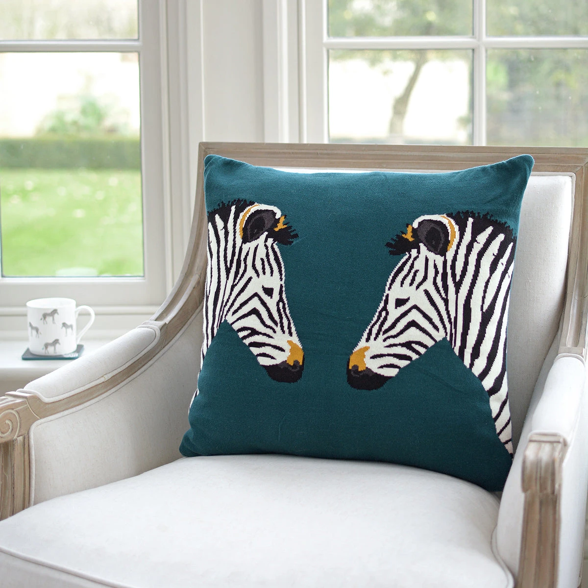 Zebra Knitted Cushion Zebra Knitted Cushion -Sophie Allport Shop ksc6750 zebra zsl knitted statement cushion lifestyle high res square