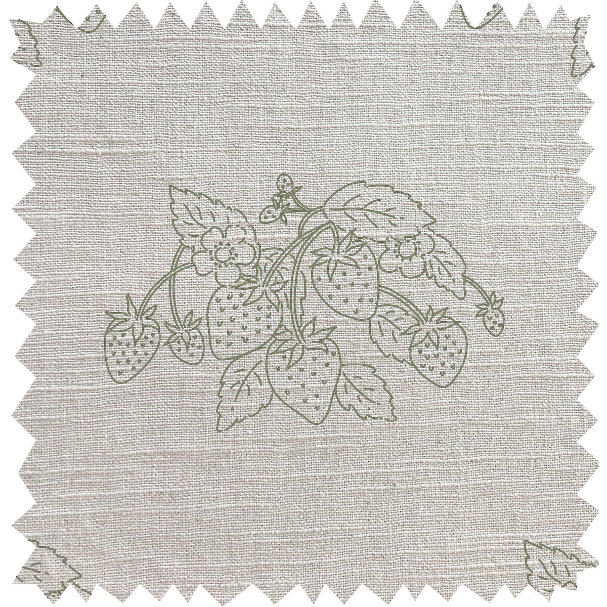 Strawberries Sage Linen Blend Fabric By The Metre Strawberries Sage Linen Blend Fabric By The Metre -Sophie Allport Shop lin97000s strawberries sage fabric swatch linen blend cut out high res square