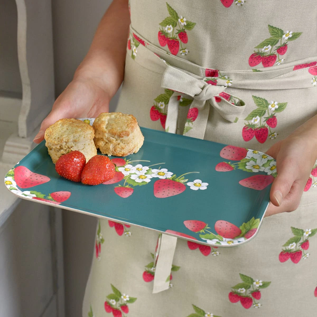 Strawberries Adult Apron Strawberries Adult Apron -Sophie Allport Shop pt9726 all97250 strawberries small printed tray and adult apron lifestyle high res square