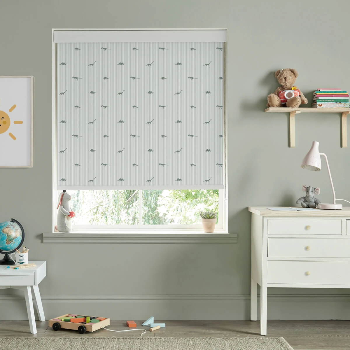 Dinosaurs Sage Made to Measure Roller Blind Dinosaurs Sage Made To Measure Roller Blind -Sophie Allport Shop rlb45sm2m dinosaur sage vector roller blind made to measure lifestyle high res square